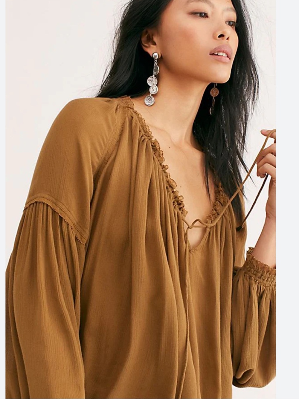 Free People Banda  Boho Peasant Blouse - Brown